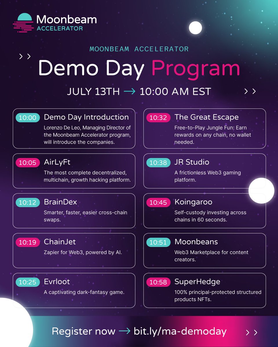 MoonAccelerator's tweet image. Tomorrow is the big day! Get ready for an exciting Demo Day, here is what to expect!

📝 Secure your spot now! 👉 bit.ly/ma-demoday