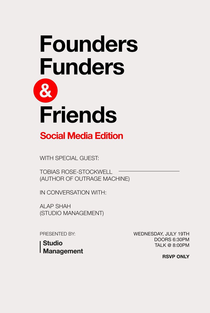 🎤 I'm co-hosting Founders, Funders &amp; Friends in NYC
✨ Social Media Edition
📅 July 19th, 2023 
🗣️ Speakers: <a href="/TobiasRose/">Tobias Rose-Stockwell</a> &amp; <a href="/alapshah1/">Alap Shah</a> 
✉️ RSVP to join 

cc <a href="/johnnyhwin/">HWIN</a>