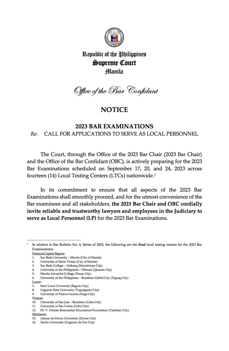 SCPh_PIO's tweet photo. READ: Notice Re: Call for Applications to Serve as Local Personnel

The 2023 Bar Chair and OBC cordially invite reliable and trustworthy lawyers and employees in the Judiciary to serve as Local Personnel for #Bar2023

https://t.co/kgO47iabds

#WeCanDoIt
#HernanDoIt (1 of 4) https://t.co/WweTPe4OtG