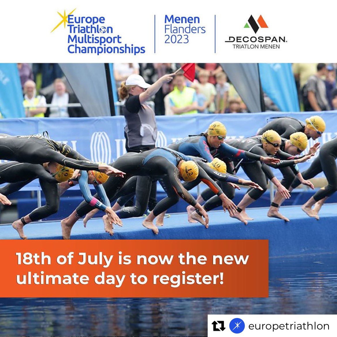 Repost from <a href="/europetriathlon/">Europe Triathlon</a>
•
Registration deadline for <a href="/Decospan/">Decospan NV</a> <a href="/TriatlonMenen/">Decospan Triatlon Menen</a> has been shifted to July 18th🔥 make sure you don’t miss out, contact your federation now to secure your spot💪🏼