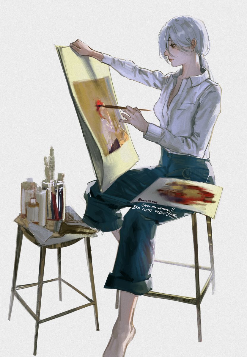 1girl painting (action) solo shirt barefoot white shirt paintbrush  illustration images