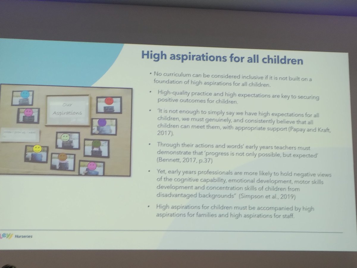 NWfeaturesed's tweet photo. Inclusion means high aspirations are essential for all children - aspiration and inclusion are interlinked says Mandy Cuttler @NurseryWorld #curriculumconference @LEYFonline https://t.co/YrjLnn0BOx