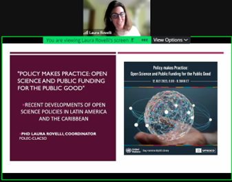 UNLibrary's tweet photo. Informative presentation by Dr. Laura Rovelli from @_CLACSO on the landscape of #OpenScience in Latin America and the Caribbean. 

Virtual panel: "Policy Makes Practice: Open Science and Public Funding for the Public Good."
https://t.co/8OwuEyUidb
@UNESCO #HLPF, #OpenScienceUN https://t.co/PwTcLoIzKL