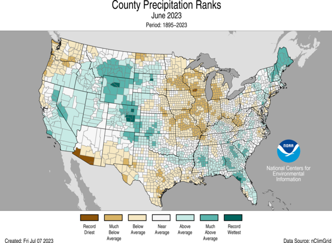 June #MidwestClimate summary in 1 word: DRY. 
8 of 9 states had below-average rainfall, with 4 landing in the top 10 driest for June. A couple counties in southern Wisconsin had the driest June on record! 

👀Explore more maps &amp; rankings via <a href="/NOAANCEI/">NOAA NCEI</a> at ncei.noaa.gov/access/monitor…