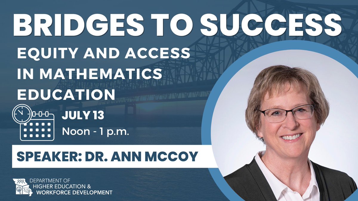 MODHEWD's tweet photo. Join us tomorrow for our Bridges to Success webinar with speaker Dr. Ann McCoy. Dr. McCoy serves as the Dean of the College of Education for the University of Central Missouri, and we are excited to hear her presentation! Stay tuned for a meeting link tomorrow! https://t.co/1axSFlcYZV