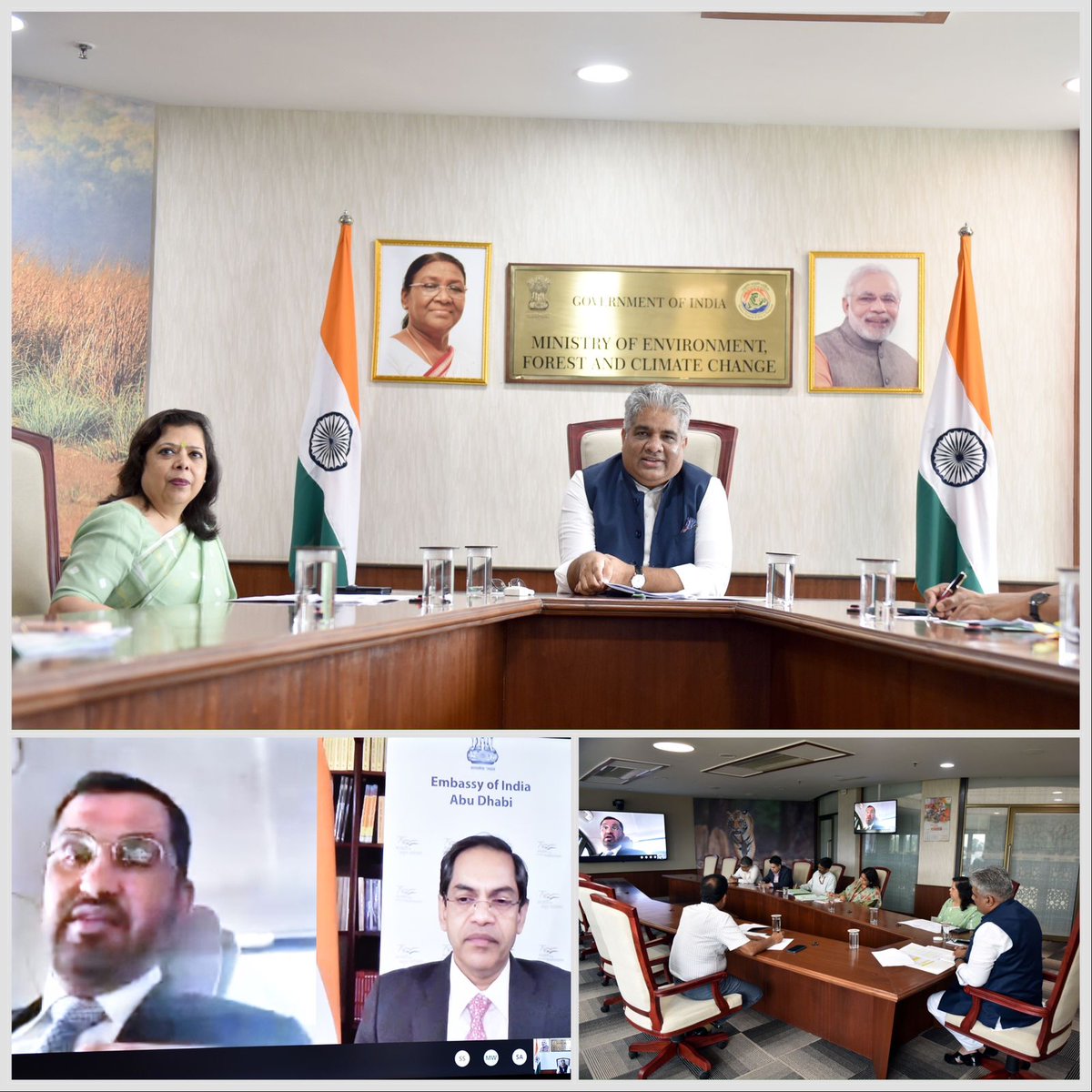 Held a virtual meeting with COP 28 President Designate Dr Sultan Al Jaber. We discussed matters related to upcoming COP 28 with particular focus on outcomes of Global Stocktake. Spoke about ongoing conservation of mangroves through MISHTI as envisioned by PM Shri @narendramodi.