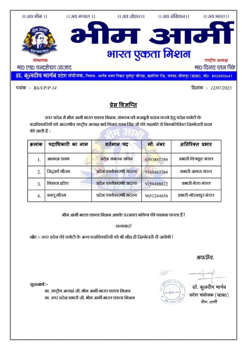 उत्तर प्रदेश में संगठन को सक्रिय करने हेतु निम्नलिखित साथियों को मंडल प्रभारी नियुक्त किया जाता है। 

आप सभी के लंबे सामाजिक अनुभव और कुशल रणनीति से संगठन को प्रदेश में और मजबूती मिलेगी, ऐसा पूर्ण विश्वास है। 

आप सभी को मंगलकामनाएँ।