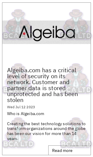 BirminghamCyber's tweet photo. 🔐 New #ransomware incident.

🇦🇷 #Argentina: Algeiba hit by ALPHV / BlackCat.

👁️ Stay informed with #DarkFeed for the latest Ransomware #ThreatIntelligence.

#Cybercrime #Cybersecurity https://t.co/CM1QY3t48h