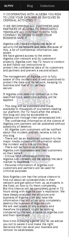 BirminghamCyber's tweet photo. 🔐 New #ransomware incident.

🇦🇷 #Argentina: Algeiba hit by ALPHV / BlackCat.

👁️ Stay informed with #DarkFeed for the latest Ransomware #ThreatIntelligence.

#Cybercrime #Cybersecurity https://t.co/CM1QY3t48h
