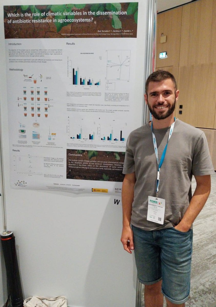 SoilMicroEcol's tweet photo. #FEMS2023, come and see Fernando's poster on the influence of soil moisture and temperature in the dissemination of #ARGs! #PRADAproject @neiker_BRTA https://t.co/GkASjgKkc8