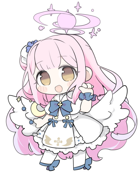 mika (blue archive) 1girl solo pink hair halo wings white dress chibi  illustration images