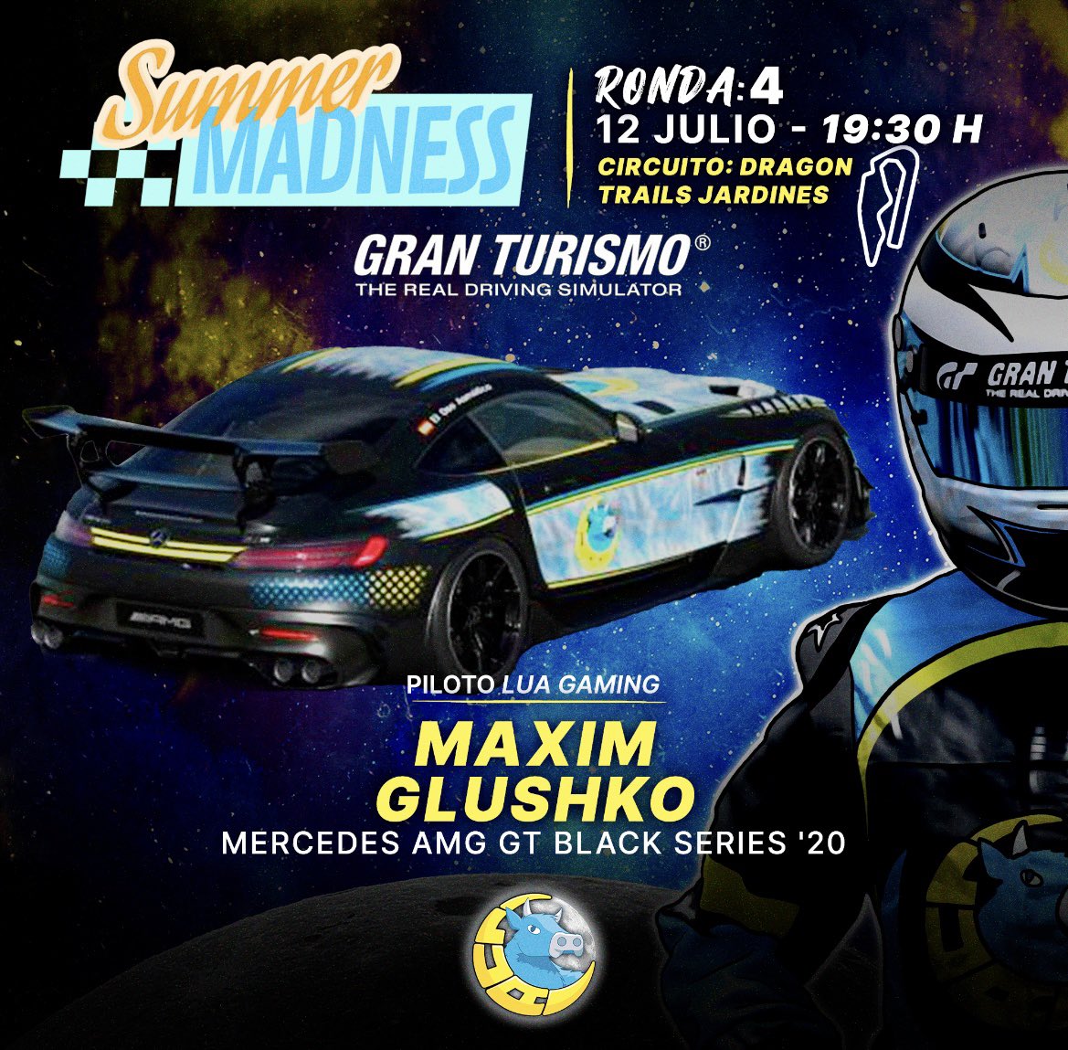 LUAGaming_'s tweet image. ¡Hoy @maximvglushko se enfrenta a la RONDA 4 de Summer Madness! 🔝

¿Conseguiremos mantenernos líderes en la competición de @Mach25Gaming? 🥹

📍 Dragon Trails Jardines
🏎️ Mercedes AMG Black Series '20
⏰ 19:30 
📺 Twitch.tv/Alejandro_Garn…
🎤 @AGarnata 

¡Seguimos volando…