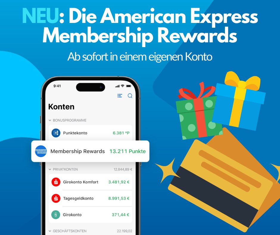 Outbank's tweet image. 📣 NEU! 📣 Viele Kunden haben es sich gewünscht und endlich ist es soweit: Wir haben die #AmericanExpress-Abfrage umgebaut. Ab jetzt werden die American Express Rewards in einem eigenen Konto dargestellt.  #outbankapp #meingeldmeinedaten