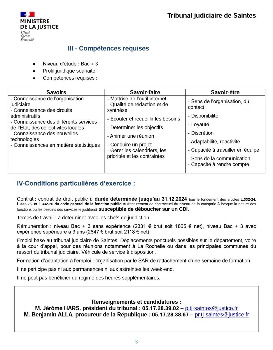 📄🖋️🤝 RECRUTEMENT 🔄🔄
Poste à pourvoir au cabinet des chefs de juridiction : chargé(e) de mission qui se verra confier la mise en œuvre de la politique de juridiction sur la justice de proximité.
Conditions de qualification et de rémunération, compétences attendues 📑💻💶 ⬇️⬇️