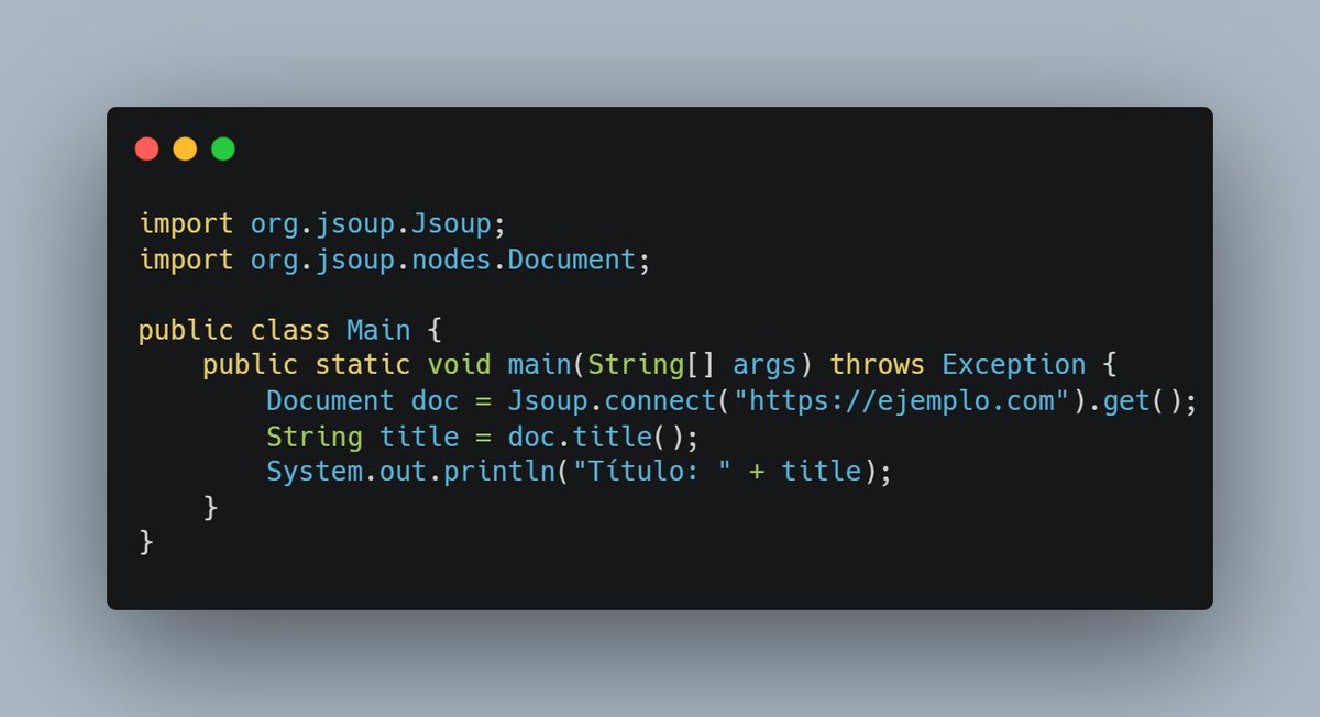 PoulLorca's tweet image. ¡Hola a todos!👋🏼 Para los #JavaNewbies, aquí tienes un pequeño ejemplo de cómo se hace el #WebScraping con #Jsoup. 🖥️💡
1️⃣ Importamos Jsoup y la clase Document.
2️⃣ Conectamos con la URL que queremos "scrapear".
3️⃣ Obtenemos el documento HTML.
4️⃣ Recogemos el título de la…