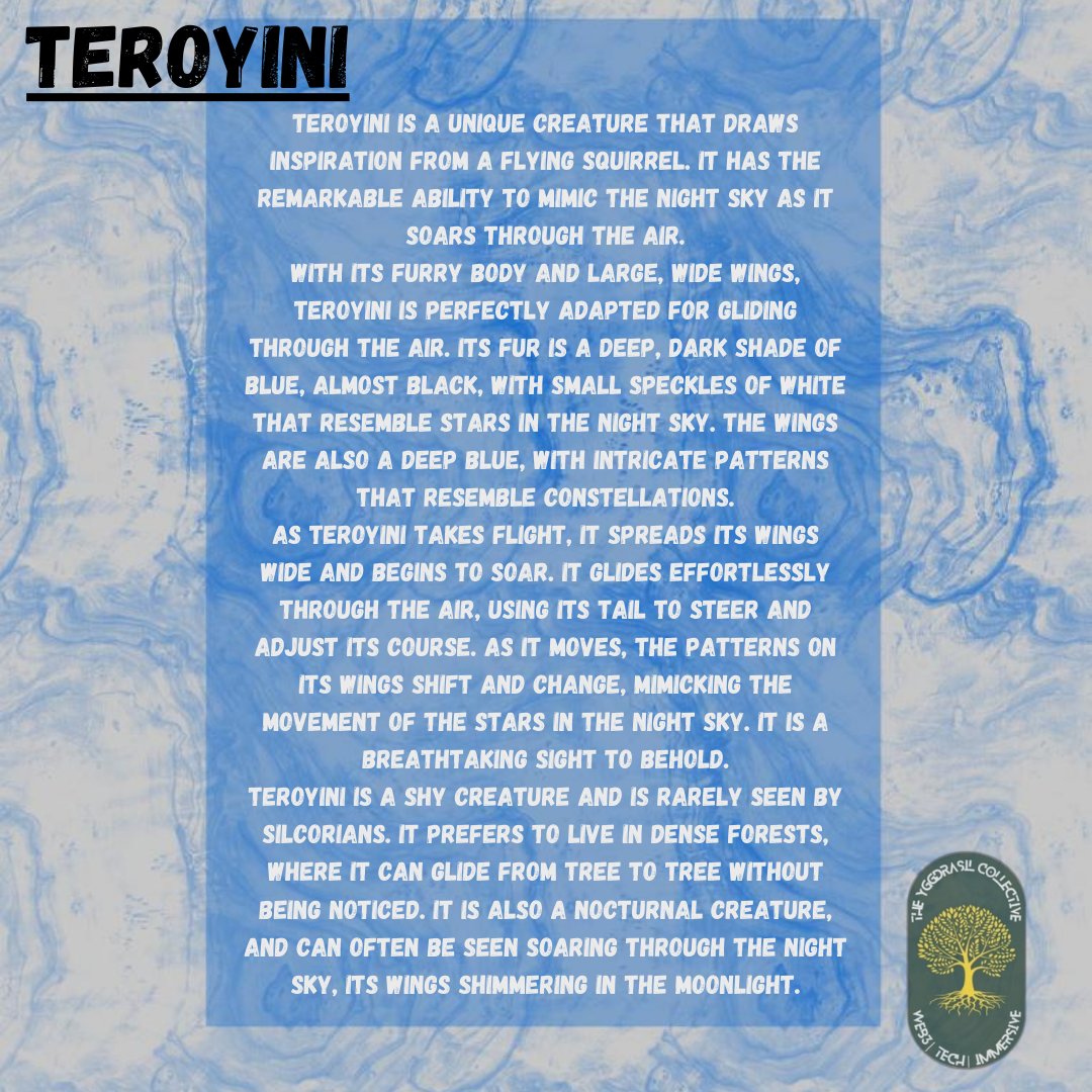 JungleTentacle's tweet photo. Introducing Teroyini, a unique creature inspired by a flying squirrel. With its ability to mimic the night sky as it soars through the air, Teroyini is a true wonder #Solana #DnDCreature #Creative #Wildlife #Fauna #Web3 #Ecosystem #Fantasyworld #Sciuridae #NatureWonder 🐿️✨🌌 https://t.co/afjElMivqN