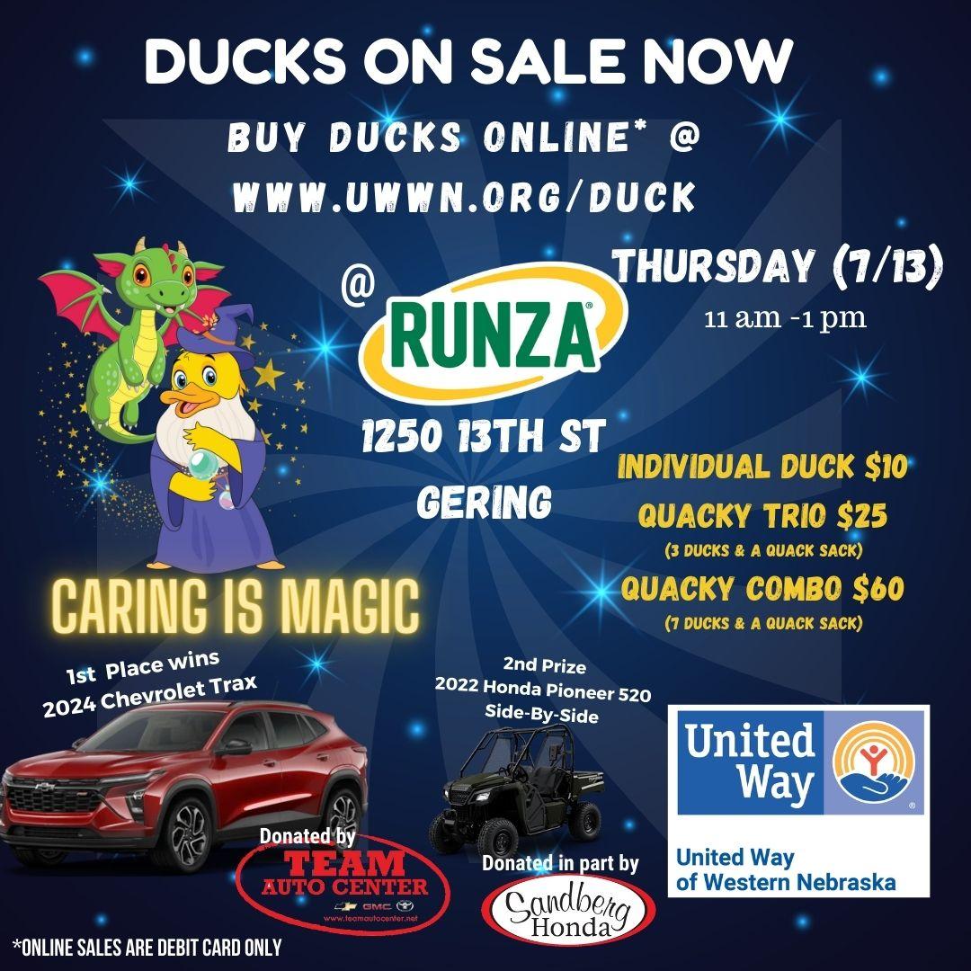 uwwestne's tweet photo. Quack, quack! Attention all duck enthusiasts and Runza fans! Come flock to Runza in Gering (1250 13th Street) this Thursday (7/13) and get ready to quack your way to amazing prizes and delicious food! 🦆🎉 Purchase a Quacky Combo 11 am to 1 pm &amp; receive a $25 Runza gift card! https://t.co/T0oxQtjytW