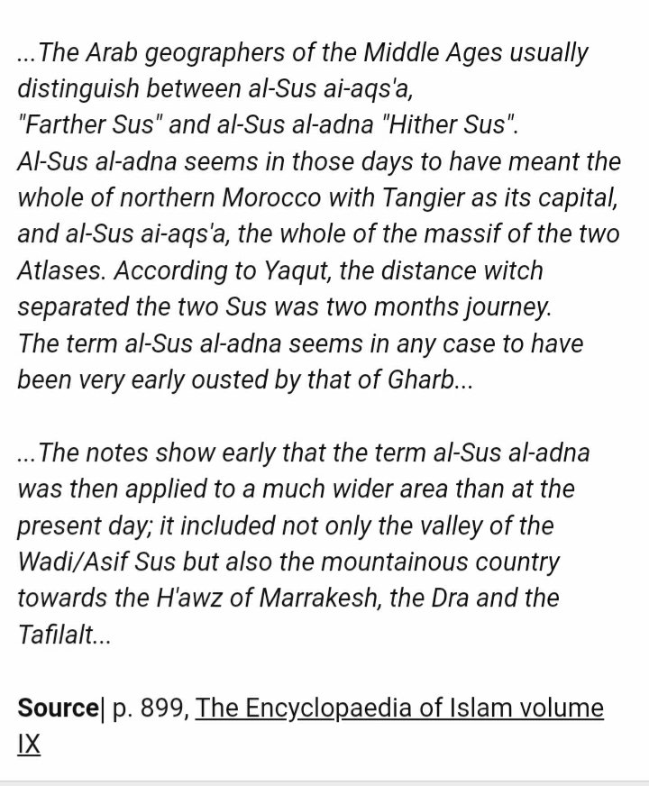 @AtlanteanMonk @Sus_Republic Tu raconte quoi le larper zénète, depuis quand les Aznag nomades sahariens sont du Sus?
Durant l'ère Idrisside Sus al Adna= de la Tingitane (Tanger) , mo. atlas, plaine atlantique.
Sus al Aqsa =Pays des sédentaires Masmuda dont les 2 plus grandes villes: Tarudant et Aghmat Urika