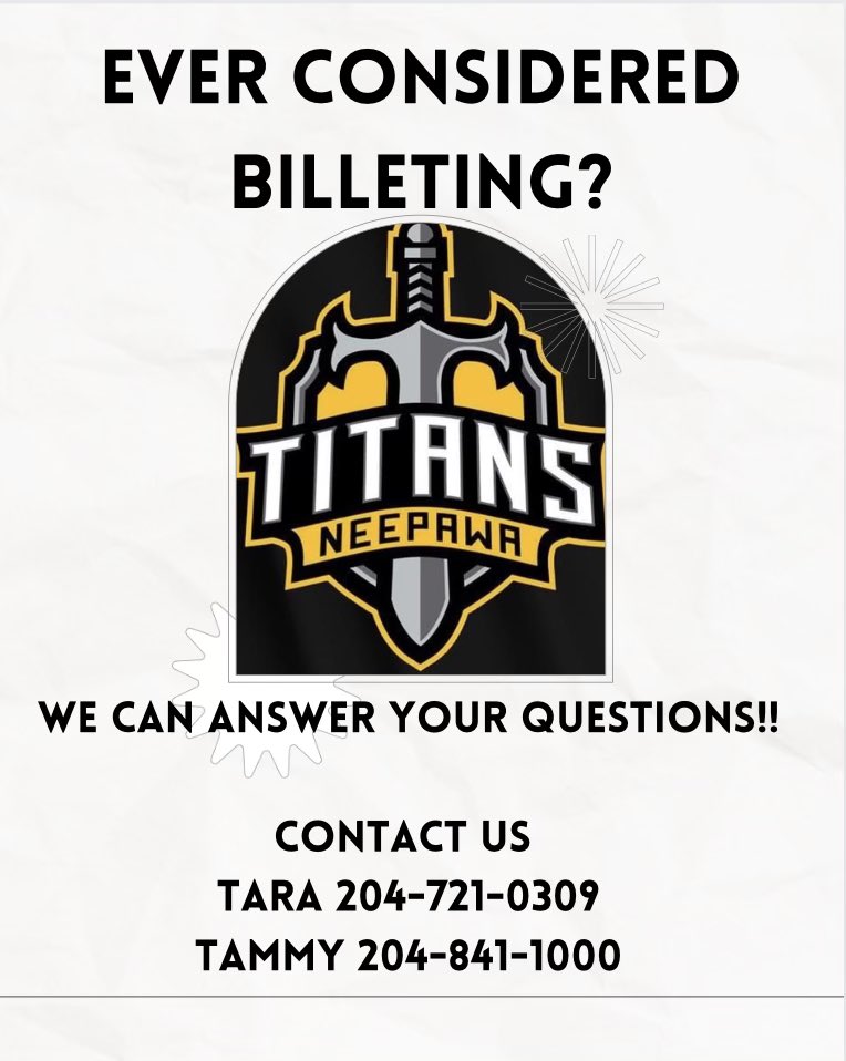 The Neepawa Titans are looking for billets for the 2023-24 season! 

Junior hockey doesn't run without billet families. With your help, we can make dreams come true.  

#TitanUp🛡️🗡️