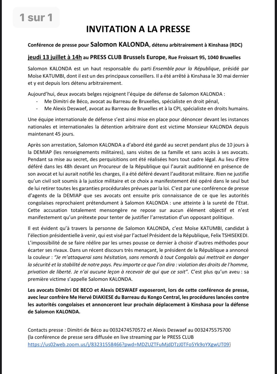 AlineEngbe's tweet photo. Conférence de presse pour Salomon KALONDA,détenu arbitrairement à Kinshasa (RDC) jeudi 13 juillet à 14h au PRESS CLUB Brussels Europe,Rue Froissart 95,1040 Bruxelles,par deux avocats belges qui ont rejoint le collectif de la défendre de Salomon Idi KALONDA. https://t.co/8waKsgXcTB