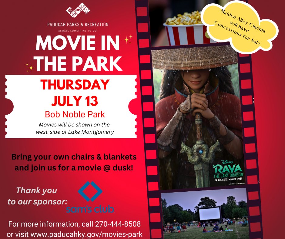 Movies in the Park, sponsored by Sam's Club, is this Thursday with a FREE showing of Raya and the Last Dragon at Noble Park. Maiden Alley Cinema will provide concessions to purchase. Movies start at dusk (around 8pm) on an inflatable screen. Bring a blanket or lawn chair. https://t.co/Rv2KLS7dr6