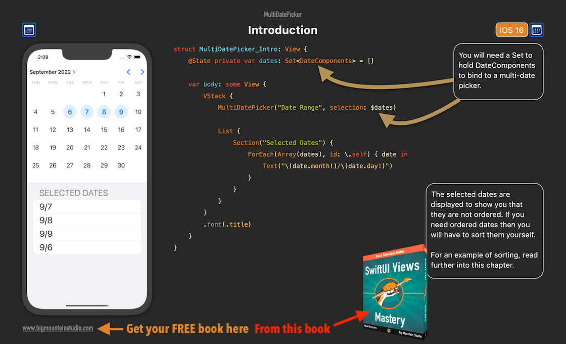 BigMtnStudio's tweet photo. ❓How can you enable your users to select multiple dates in #SwiftUI?
💡By using the MultiDatePicker. You just have to bind it to a Set to store the user's selection(s).
⚠️Note: The values stored are not sequential, meaning, they can be in any order. https://t.co/M4gdVeKz81