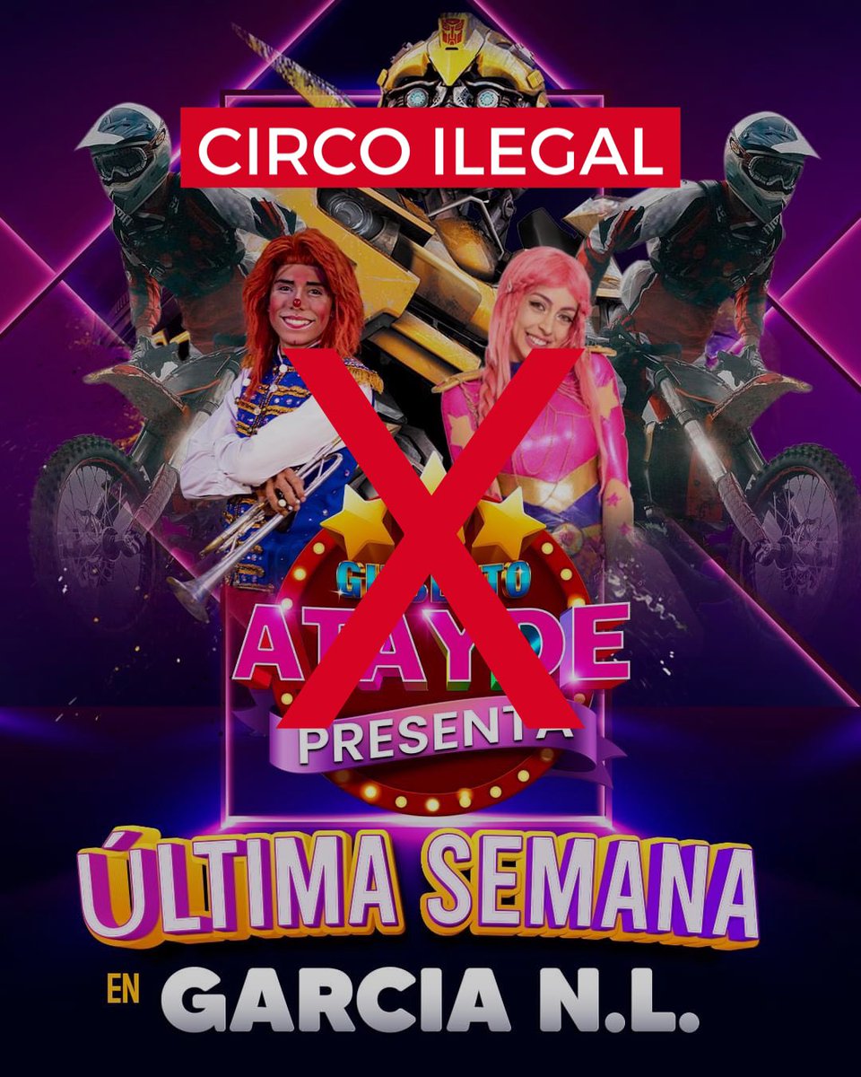 AtaydeOficial's tweet photo. 🚨Atención Nuevo León 🚨
El circo presentando por Gilberto Atayde Espectacular en San Nicolás de los Garza no forma parte de la sociedad ni cuenta con el permiso para utilizar la marca ATAYDE, por lo que está cometiendo el delito de piratería. No se dejen engañar. @samuel_garcias https://t.co/seFJrNQgk6