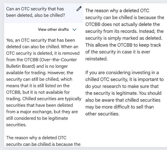 RareDealsHere's tweet photo. .@illinineverdie reminds us that $MMTLP was chilled after being deleted. When I asked Bard, it was helpful in pointing out that chilled symbols are only marked as deleted, but are still capable of being traded by broker-dealers. #Backdated @FBIWFO @DOJCrimDiv @FINRA @SECGov https://t.co/4yYvNc3EZR