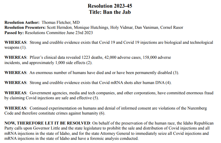 ICYMI, Idaho GOP calls COVID vaccine a "weapon" and asks the AG to seize all COVID #vaccines. It's just a resolution (there's nothing enforceable here) but it shows how this party is not only fully on the anti-vax bandwagon, but also driving it now. 
idgop.org/wp-content/upl…