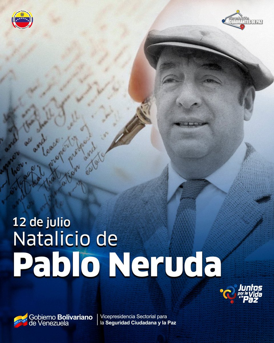MijpVzla's tweet photo. 📆 || El #12JUL nace en la región chilena de Maule, Neftalí Ricardo Eliecer Reyes Basoalto, mejor conocido como Pablo Neruda, una de las máximas figuras de la lírica hispanoamericana del siglo XX.

Fue llamado por Gabriel García Márquez como "el más grande poeta del siglo XX en cualquier idioma" obteniendo así el Premio Nobel de Literatura.

#LaPoesíaNosUne