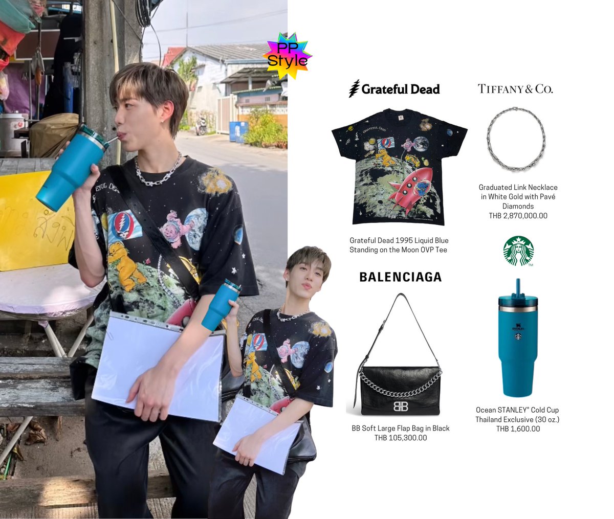 PP KRIT STYLE :

#GreatfulDead Grateful Dead 1995 Liquid Blue Standing on the Moon Tee
#TiffanyAndCo Graduated Link Necklace
in White Gold with Pavé Diamonds
#Balenciaga BB Soft Large Flap Bag in Black
#Starbucks Ocean STANLEY® Cold Cup 

#ppkritt #ppkritstyle