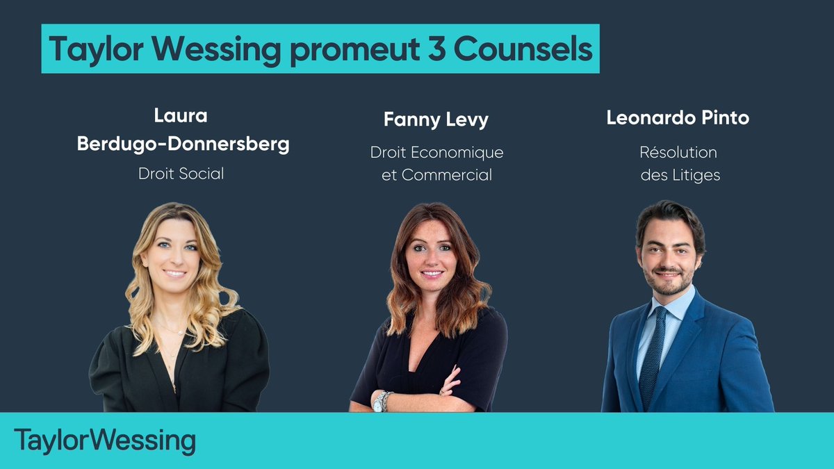 Nominations - TW annonce la promotion au titre de Counsel de trois avocats : Laura Berdugo-Donnersberg, Fanny Levy et Leonardo Pinto: lnkd.in/e37JbTKt

#nomination #promotion #counsel #avocats #cabinetavocats #lawfirm #droitsocial #droitcommercial #contentieux