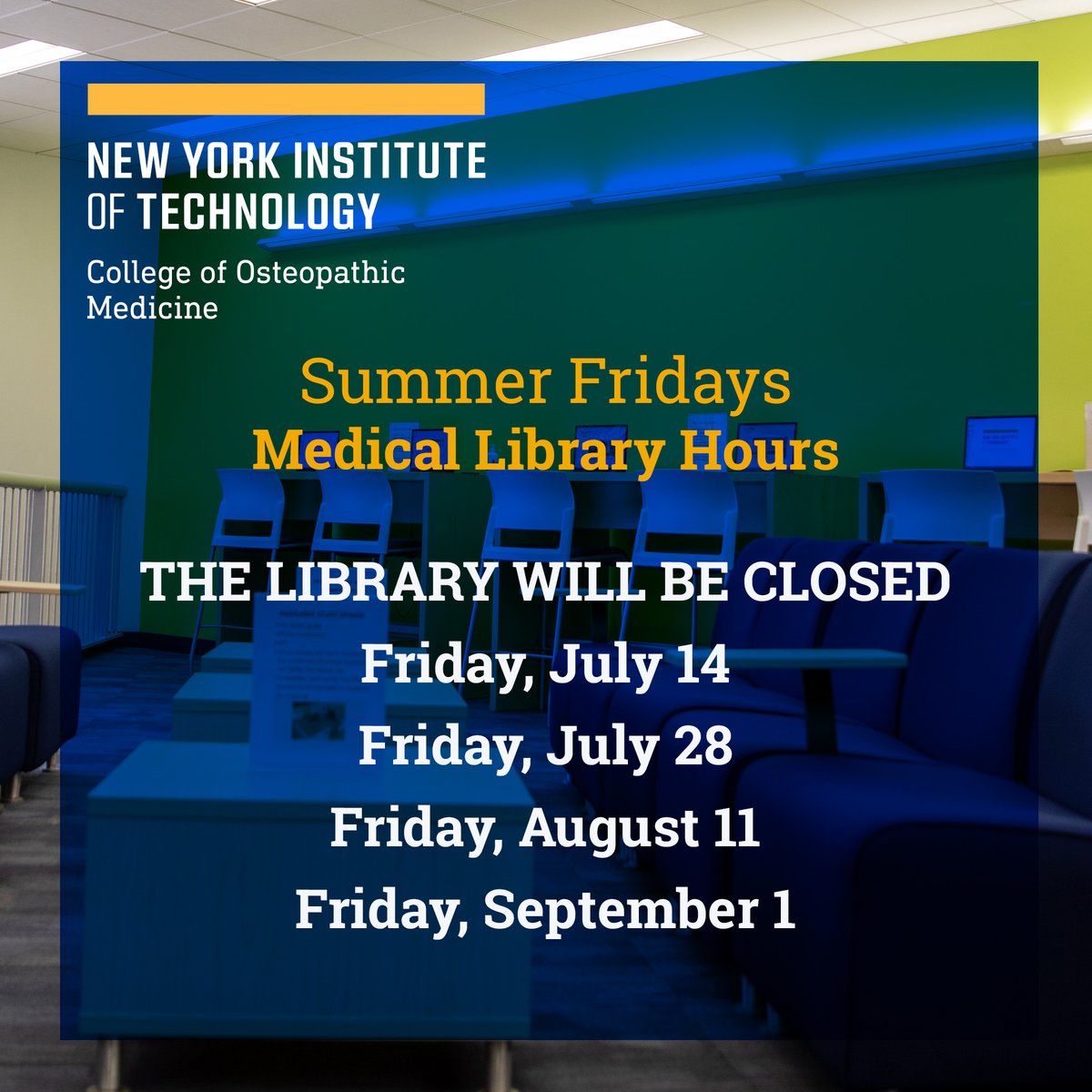 NYITCOMDO's tweet image. The @NYITCOMDO Medical Library on the Old Westbury Campus will be closed on the following Fridays in Summer:
July 14
July 28
August 11
September 1

Visit the Library Website for more helpful info nyit.edu/library/medici…

#nyitcom @nyit @nyitcomAR #medicallibrary #medschool