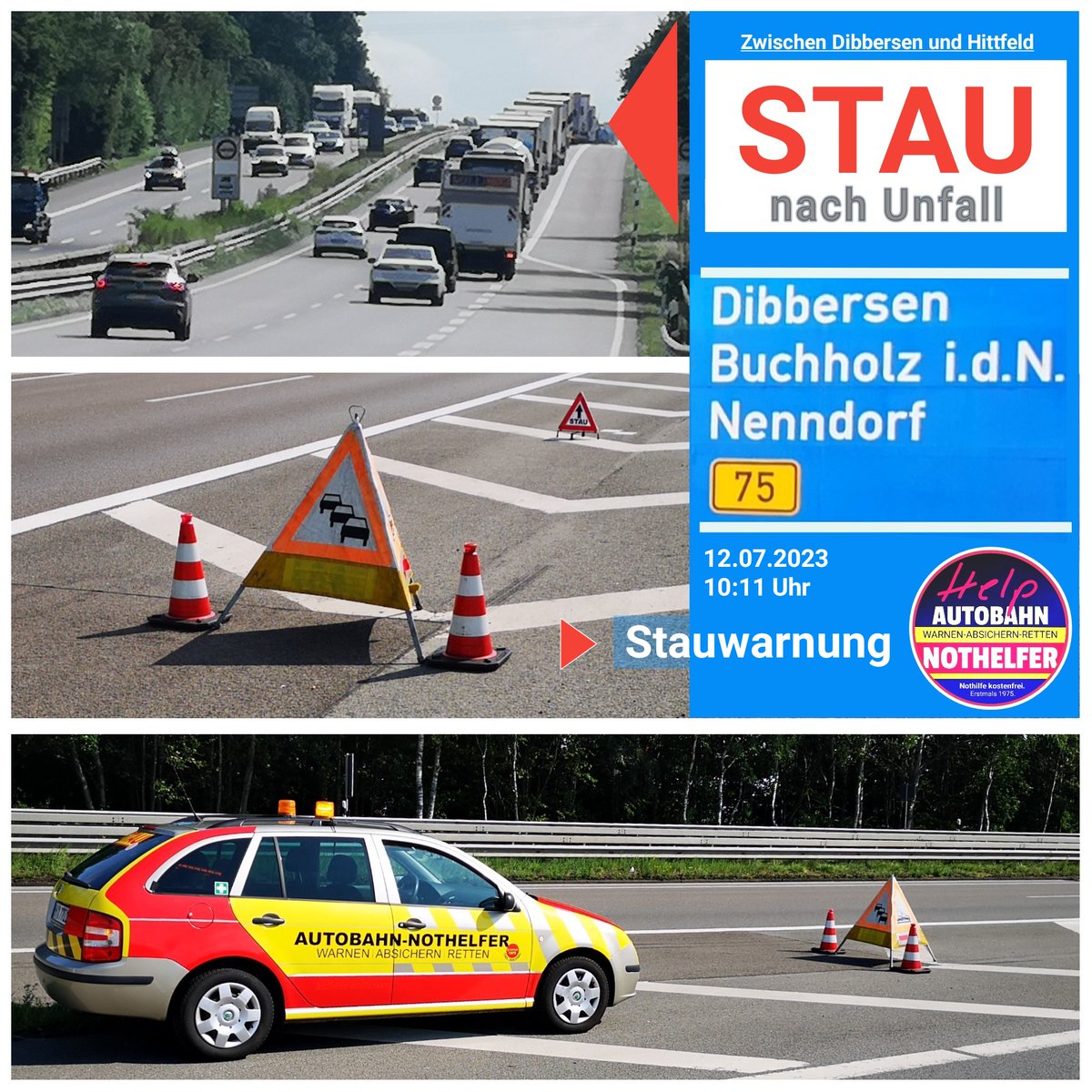 A1nothelfer's tweet photo. Nach einem Unfall auf der Autobahn #A1 kurz hinter #Hittfeld staute sich der Verkehr am Mittwoch (12.07.22) in Ri. HH 5 km zurück. Durch den #Unfall war die linke Spur blockiert.
Gefahr: Hügelige Strecke, daher Stauende schlecht zu erkennen. #Stauwarnung.
#autobahnnothelfer https://t.co/FCGag8Cj0h