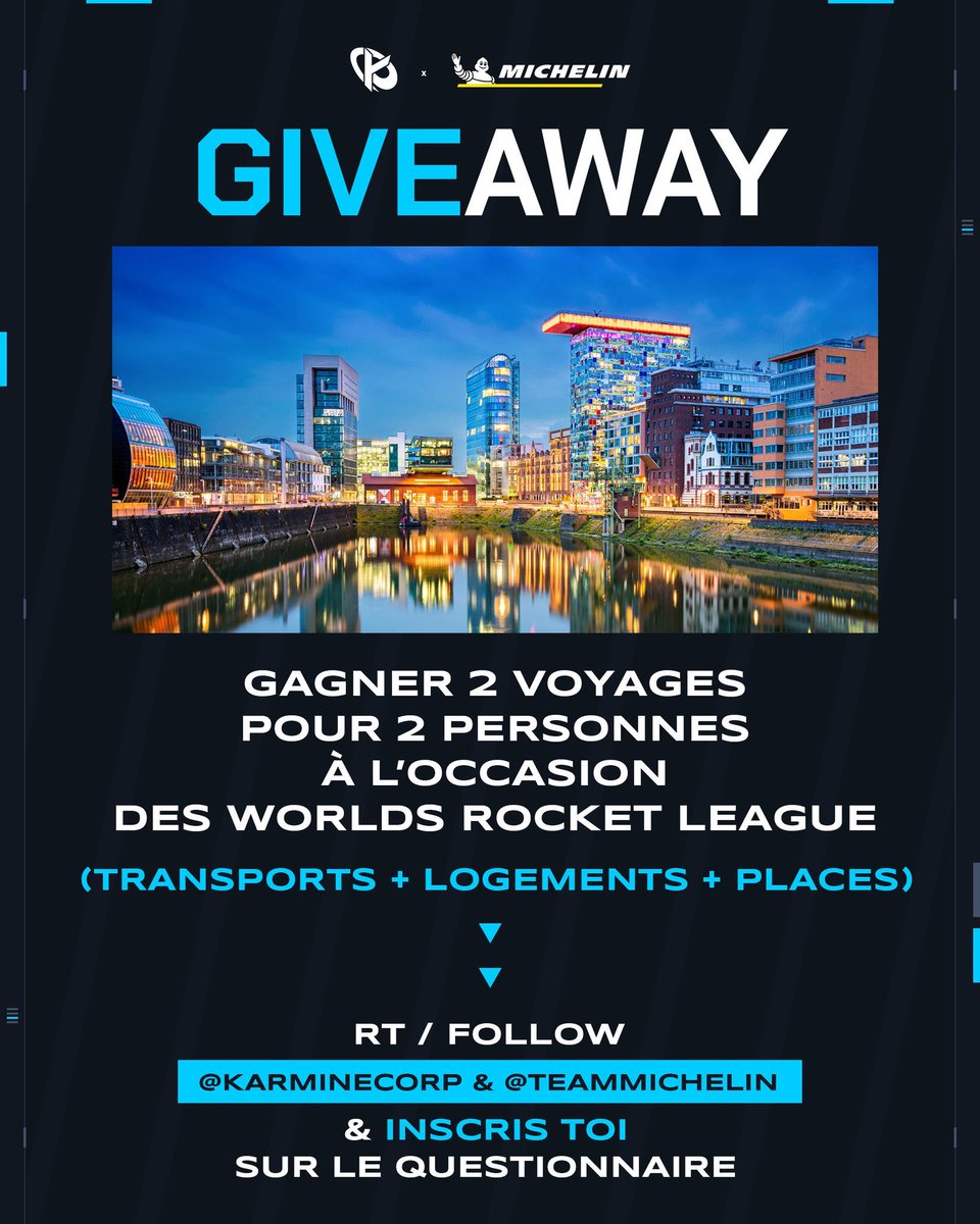 Gagnez 2 voyages pour 2 personnes et partez voir les Worlds de Rocket League à Düsseldorf avec <a href="/TeamMichelin/">KC Team Michelin</a> 🇩🇪

✅ Remplir ce questionnaire : michelin.fr/jeu-concours/w…
✅ RT ce tweet
✅ Follow <a href="/KarmineCorp/">Karmine Corp</a> &amp; <a href="/TeamMichelin/">KC Team Michelin</a> 

🍀 TAS le 17/07, bonne chance à tous !