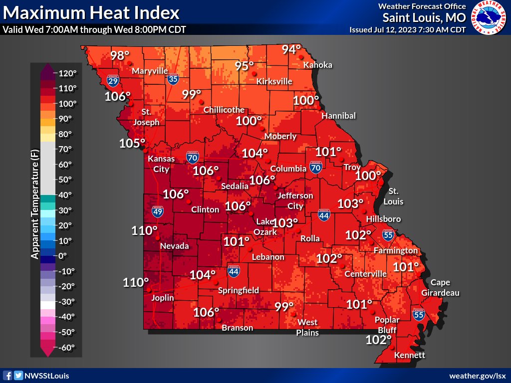 MoSEMA_'s tweet photo. ‼️ Dangerous heat &amp; severe storms expected today ‼️

Most of MO will see high temps with heat indexes up to 105-110 degrees in some areas. Heat &amp; strong ⛈️ winds can be dangerous if precautions aren't taken. Remember to hydrate, limit time outside, be weather aware &amp; stay safe! https://t.co/kvpcOxeItN