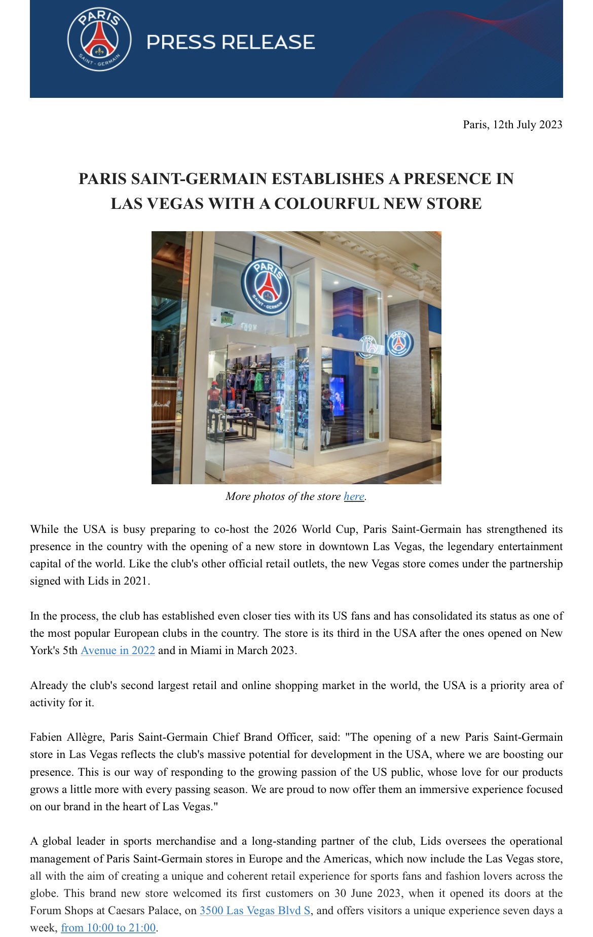Club press release Paris Saint-Germain