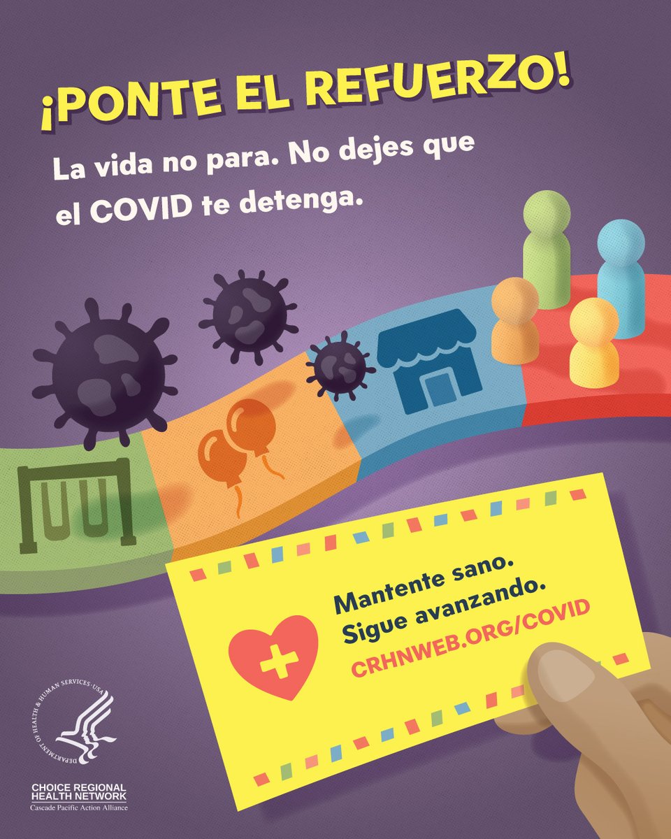 GET BOOSTED! Life doesn't stop. Don’t let COVID stop you. Get boosted and keep moving forward. ¡PONTE EL REFUERZO! La vida no para. No dejes que el COVID te detenga. Ponte el refuerzo y sigue avanzando. crhnweb.org/covid