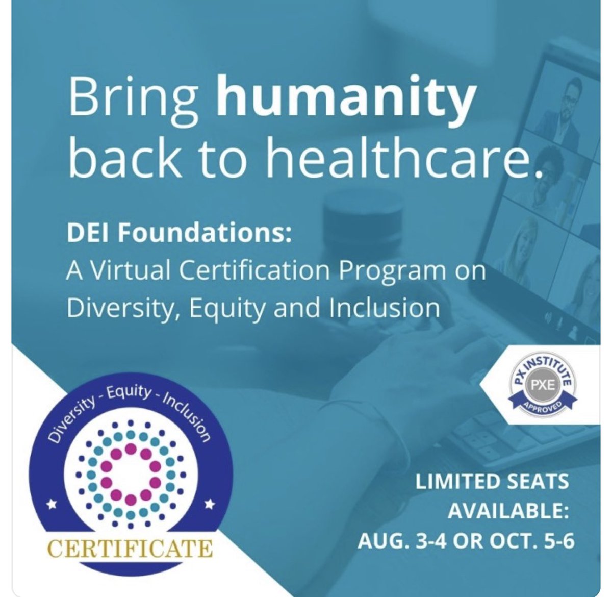 This experience is for all leaders interested in growth &amp; personal accountability. We hope you can join our team &amp; leaders across #healhcare for this new Foundations in #DEI program. 

We are excited to offer 6 Patient Experience Continuing Education credits (PXEs) @PXInstitute