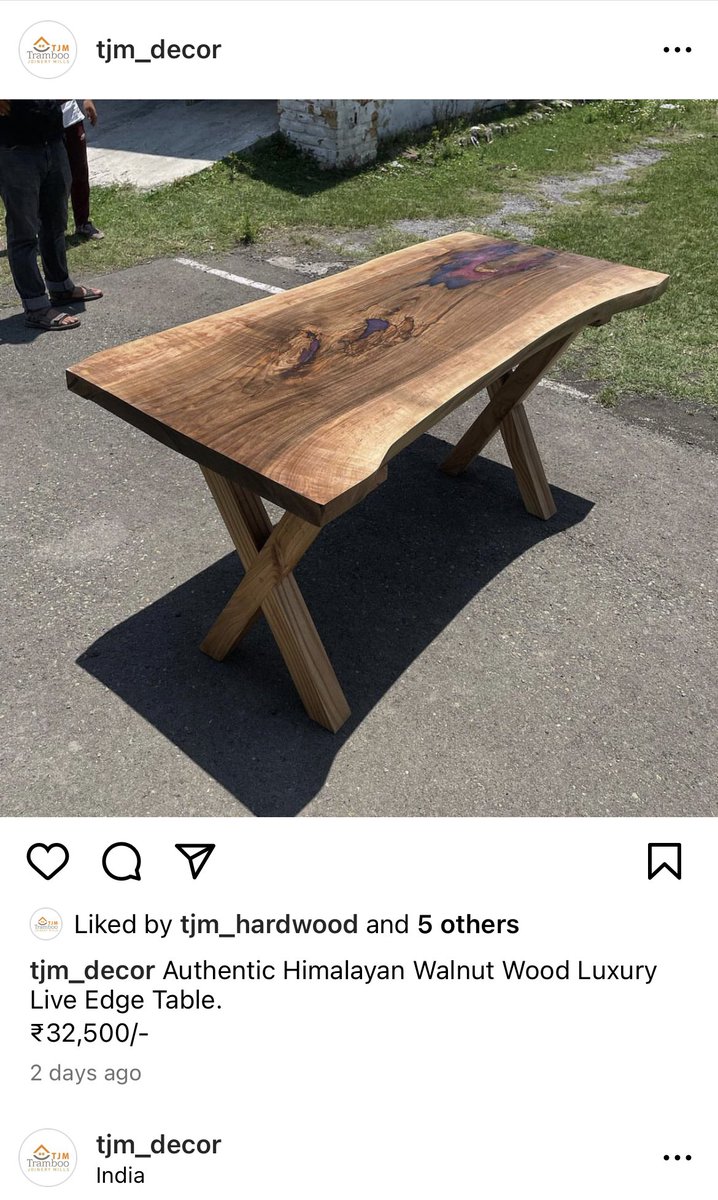 IndoTimber's tweet photo. Live edged real kashmir walnut and elm outdoor / Indoor tables. Limited supply.

Visit our showroom Tramboo Joinery factory outlet in Sonwar, Srinagar Kashmir. If you are living outside the state - inbox us.
We supply all over India and abroad. https://t.co/r7gIxQIu84