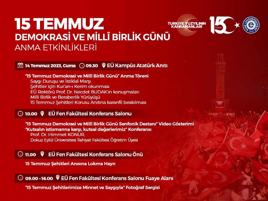 Millî iradenin hain darbe girişimine karşı gösterdiği onurlu duruşun yedinci yılında, 14 Temmuz Cuma günü düzenleyeceğimiz "15 Temmuz Demokrasi ve Millî Birlik Günü" anma etkinliklerine tüm akademik ve idari çalışanlarımız ile öğrencilerimiz davetlidir. 🇹🇷
#15Temmuz