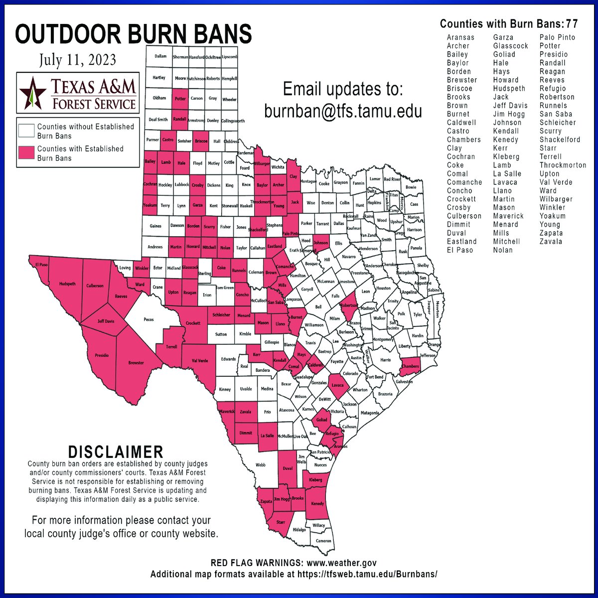 TexasDeptofAg's tweet photo. Our friends at the Texas Department of Emergency Management and Texas A&M advise us that the number of counties with burn bans jumped from 63 to 77, thanks to our hot, dry summer. Please exercise caution outside and watch out for wildfire activity! #TDEM #TAMU #WildfireWarning https://t.co/JtGX2E5oxB
