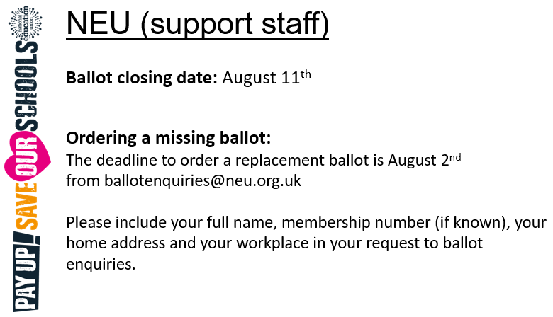 BuryNEU's tweet photo. All NEU members, teachers and support staff! 

The deadline is fast approaching for teachers (July 28th) and support staff (August 11th) ballots. 

If you've yet to receive your ballot paper email:
ballotenquiries@neu.org.uk

We started this fight, now let's finish it 💪 https://t.co/bKH8Mucd9a