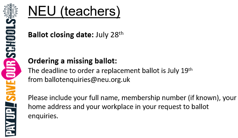BuryNEU's tweet photo. All NEU members, teachers and support staff! 

The deadline is fast approaching for teachers (July 28th) and support staff (August 11th) ballots. 

If you've yet to receive your ballot paper email:
ballotenquiries@neu.org.uk

We started this fight, now let's finish it 💪 https://t.co/bKH8Mucd9a
