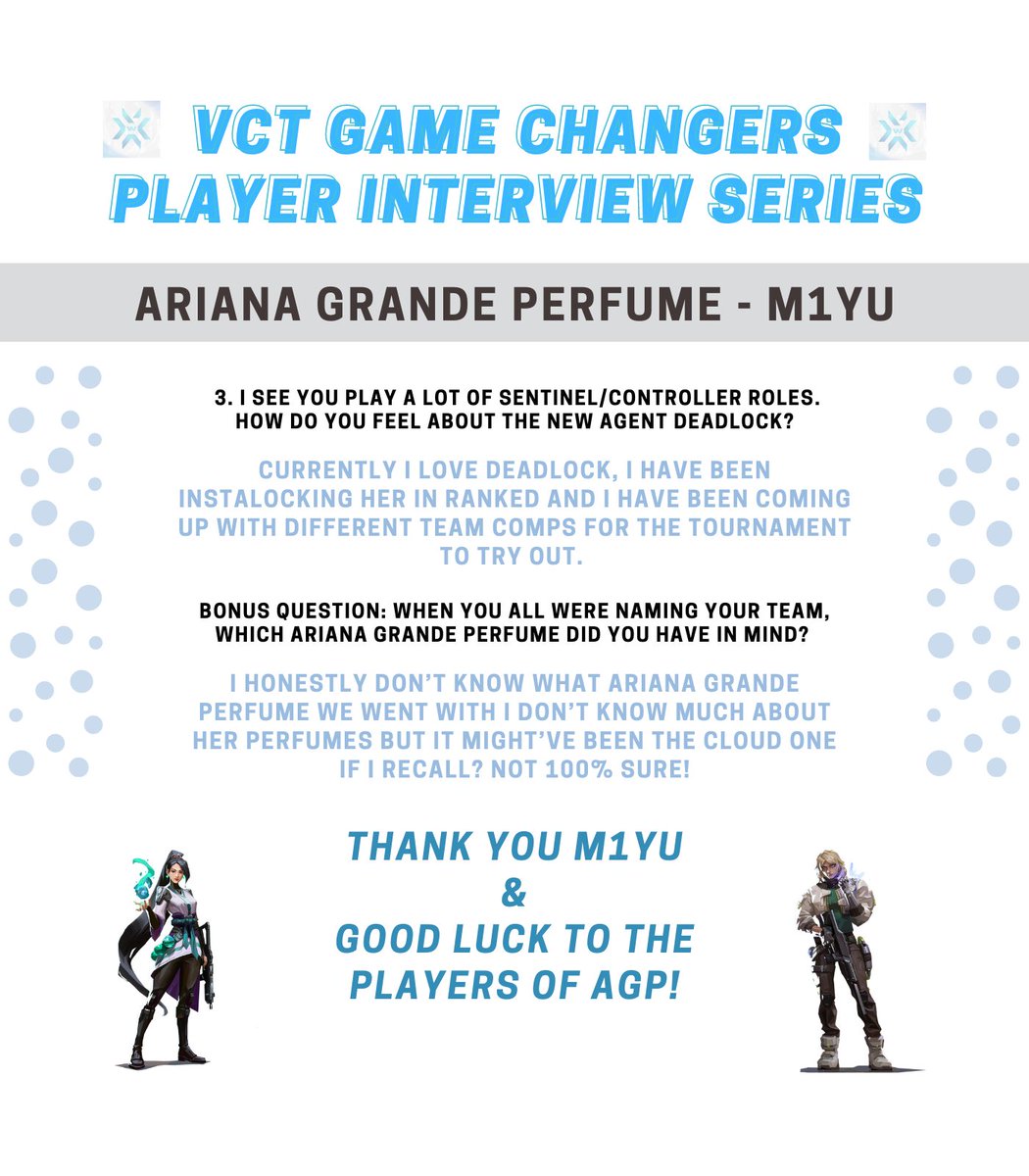 Women's VCT (@womensvct) on Twitter photo Though <a href="/perfumeval/">Ariana Grande Perfume</a> won't be competing as a team in the #VCTGameChangers Series II: NA, you can still find the players on a few different teams!
I got the chance to interview @m1yuval for the #WomensVCT Player Interview Series! Thank you! 😊
#VCTNA #VALORANT #VCT Though <a href="/perfumeval/">Ariana Grande Perfume</a> won't be competing as a team in the #VCTGameChangers Series II: NA, you can still find the players on a few different teams!
I got the chance to interview @m1yuval for the #WomensVCT Player Interview Series! Thank you! 😊
#VCTNA #VALORANT #VCT
