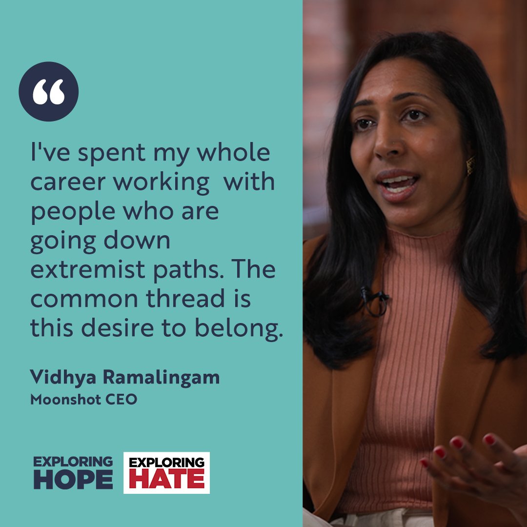 After studying anthropology and observing white nationalist rallies, @vidhya_ra founded a moonshot with a mission: to stop violent #extremism. 
Watch @Hari’s intriguing conversation tomorrow 7/13 on “Exploring Hope” streaming from <a href="/ExploringHate/">Exploring Hate</a>  bit.ly/3XfSbIE