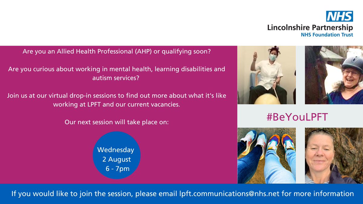 LPFTNHS's tweet photo. Join us online on Wednesday 2 August, 6-7pm, to find out about what it's like being an Allied Health Professional at LPFT and our current vacancies.

Email lpft.communications@nhs.net if you are interested in attending.

#BeYouLPFT https://t.co/BF5RT8P8id
