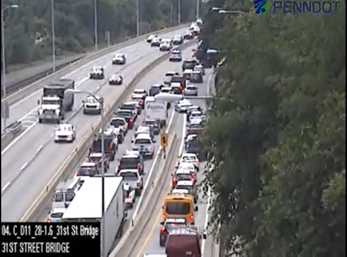 TotalTrafficPIT's tweet photo. Crawling on 28 Inbound approaching St. Nick's Church as crews working on clearing a crash to the side.

#PittTraffic
Photo: PennDOT https://t.co/Lj6W42CH5f