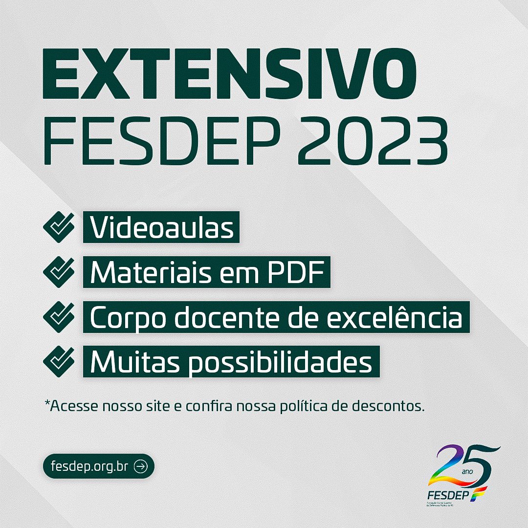 FESDEP's tweet photo. Já fez a sua inscrição no EXTENSIVO FESDEP 2023? 

O curso foi totalmente reformulado para que você tenha uma preparação ainda mais segura. 

Edital DPERJ publicado e outros prestes a saírem. 

Videoaulas, materiais em PDF e muito mais!

Acesse nosso site e inscreva-se! https://t.co/sgB8NzYc7G