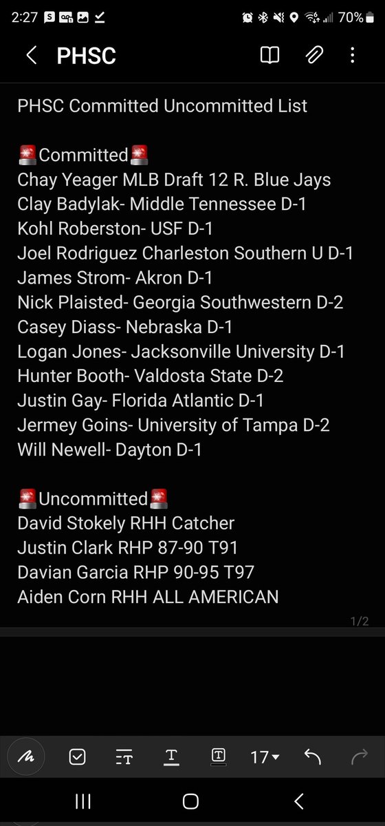 🚨PHSC updated Committed and Uncommitted UPDATED list. 🚨

12 players moving on
1 MLB Draft
8 D-1
3 D-2

Still have 4 players still uncommitted. 

Chay Yeager- 12th Rd to the Blue Jays

Joel Rodriguez- Charleston Southern

Kohl Robertson-USF